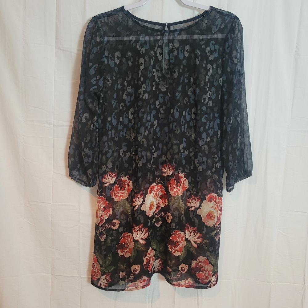 Leopard Floral Silk Chiffon Tunic Blouse‎ Sheer 3/4 Sleeve Grey Red Black Rose
